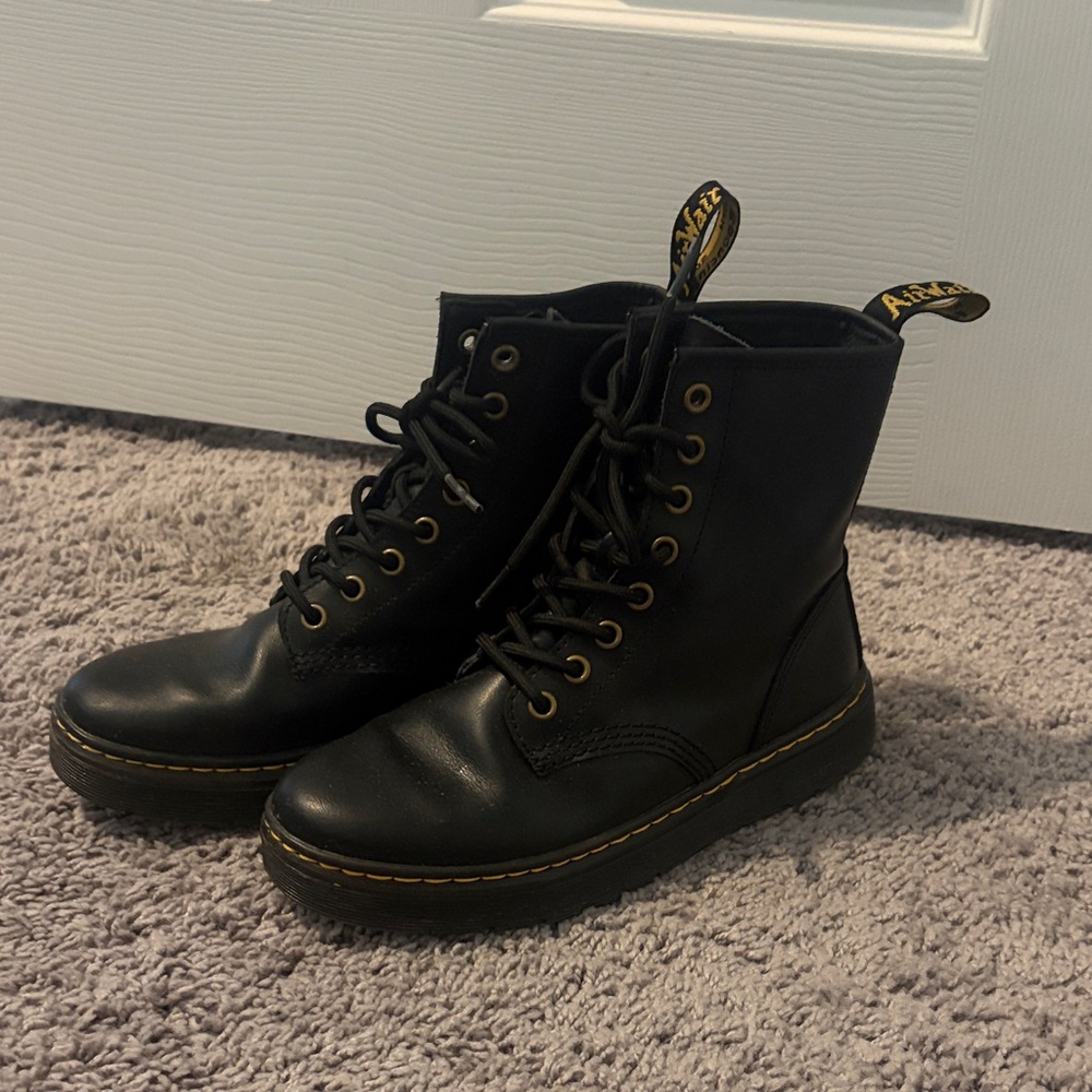 Dr. Martens Black Leather Lace-Up Ankle Boots with Yellow Stitching